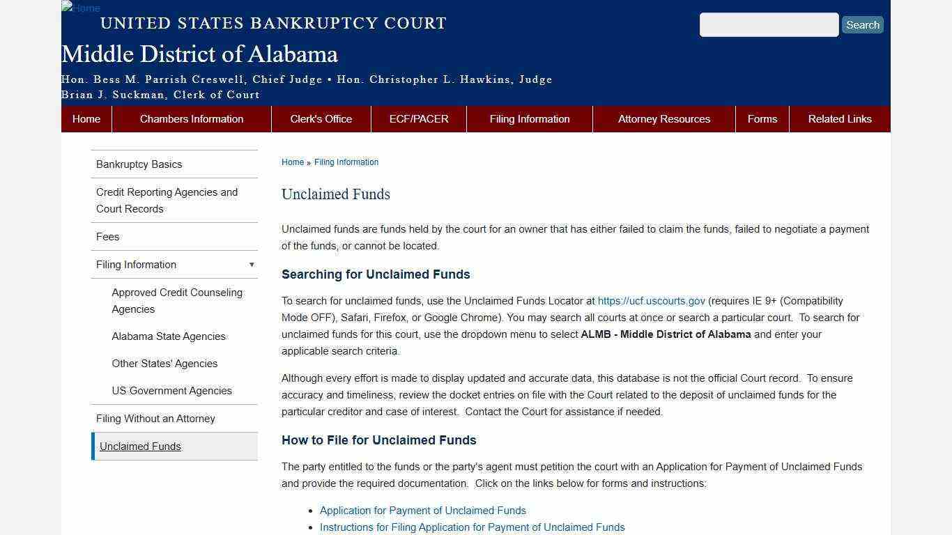 Unclaimed Funds | Middle District of Alabama | United States Bankruptcy Court